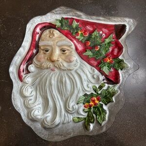 Fused Glass Santa Serving or Decorative Plate w/Red and Green Accents